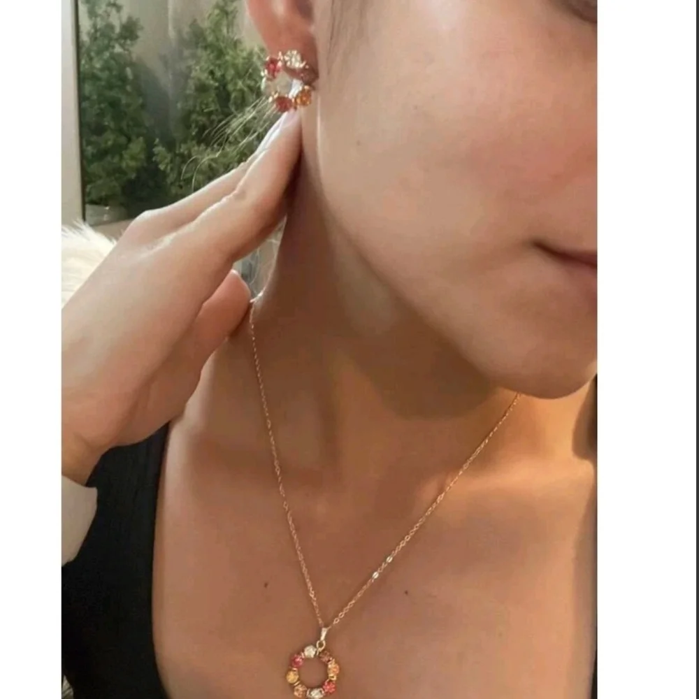 Gold rhinestones Necklace and earrings set dainty Rainbow multicolor 💖